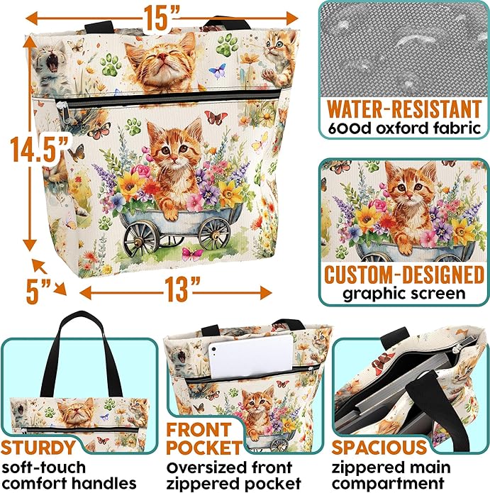 Waterproof Tote Bag with Pockets and Zipper for Work. Shoulder Bag for Women. Gift for Cat Lover Cat Owner.