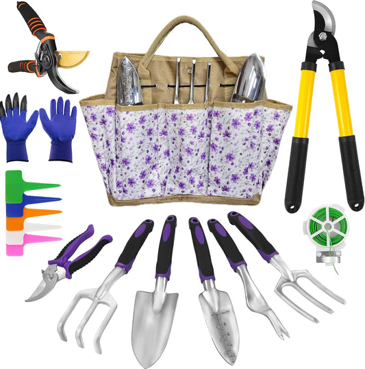 Gardening Tools – 42 Piece Premium Gardening Tool Set,Heavy Duty Hand Tools with Fashion Garden Tools Organizer Handbag,Rust-Proof Gardening Tool Kit, Ideal Gardening Gifts for Women((Purple Floral)