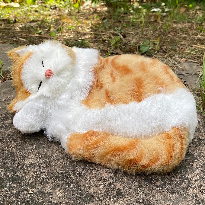 Realistic Plush Sleeping Cat Figurine Simulation Kitty Lifelike Kitten Home Office Shelf Decorative Statue, Synthetic Fur Pet Replica (Orange Tabby)