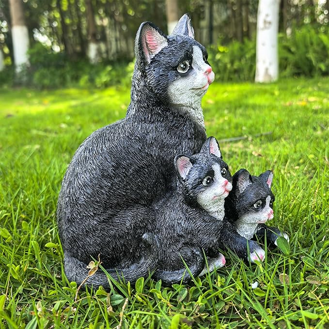 Mama Cat and Kitten Garden Statue,Outdoor Lawn Decorative Figurine Black Cat Statue for Patio Yard,Funny Animal Flower Bed Decor Art Sculpture