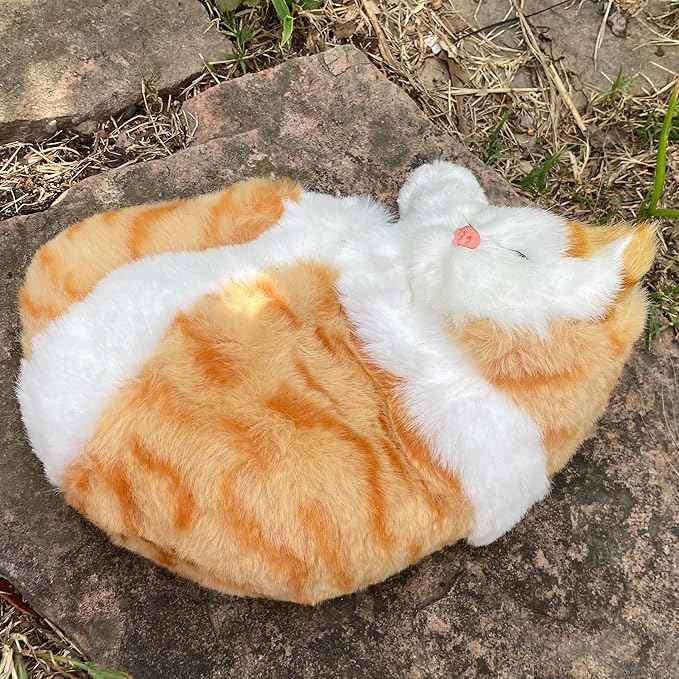 Realistic Plush Sleeping Cat Figurine Simulation Kitty Lifelike Kitten Home Office Shelf Decorative Statue, Synthetic Fur Pet Replica (Orange Tabby)