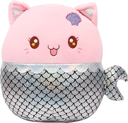 12” Mermaid Cat Plush Pillow Soft Mermaid Stuffed Animal Cute Cat Plush Toy Birthday Christmas Festival Gifts for Kids