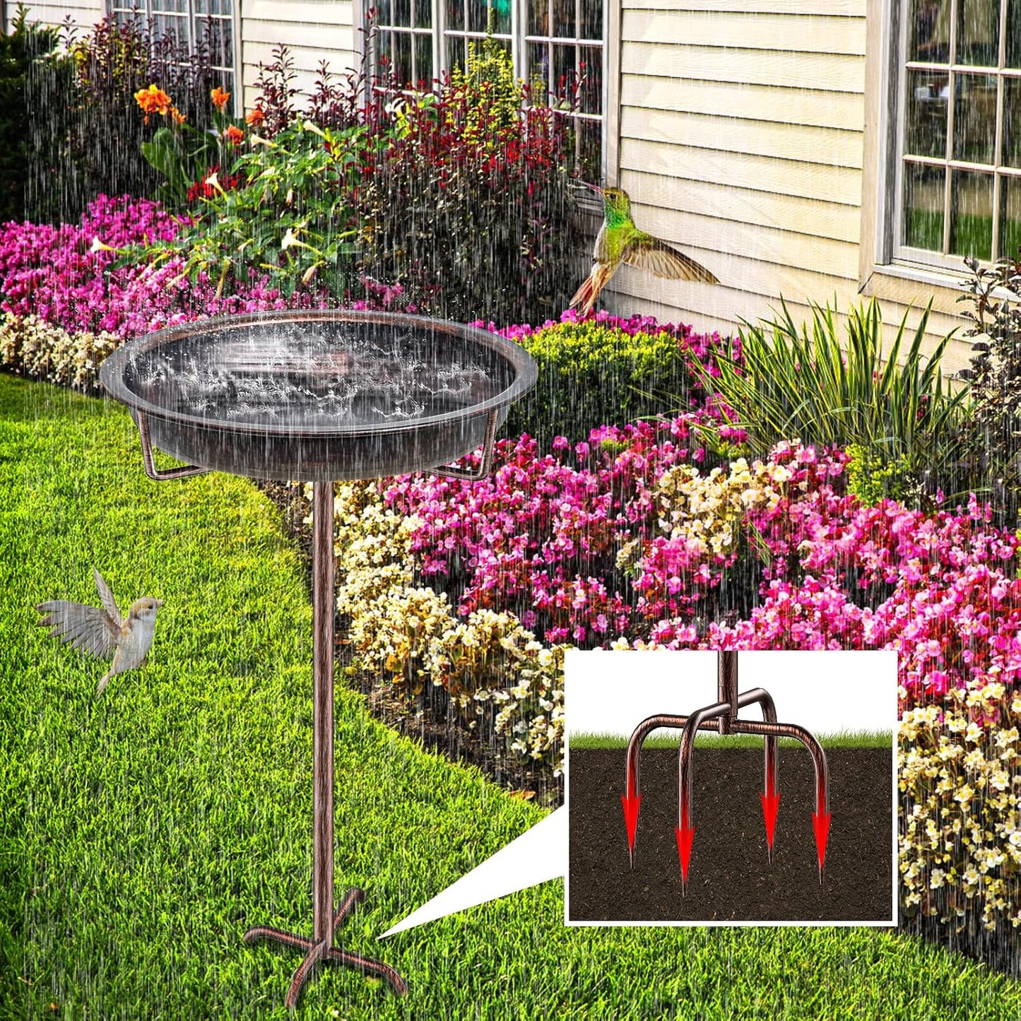Metal Bird Bath for Outside Garden Birdbath Bowl, 36.2" Height Freestanding Bird Feeders for Outdoors with 4 Prongs Base Stake, Standing Birdfeeders for Yard Lawn Decor (Retro Copper)