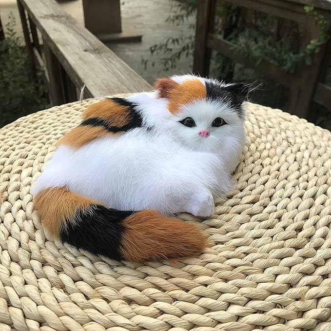 Realistic Plush Baby Calico Cat Figurine - Fluffy Decor for Home & Office Synthetic Kitten, Photo Props, Collectible Gift House Animal Kitty Replica