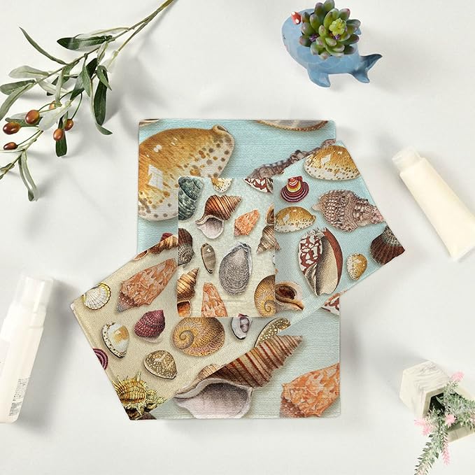 Vintage Seashells 3 Piece Towel Bathroom Sets, 1 Bath Towel, 1 Washcloth, 1 Hand Towel, Cotton Fast Dry Soft Absorbent Towel Set for Home Kitchen Family