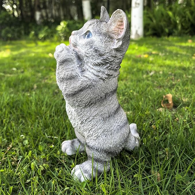 Garden Cat Statue Decorative Outdoor,Fairy Art Yard Décor Figurine for Patio Lawn, Pets Statue Ornaments Patio Lawn Flower Bed (Grey)
