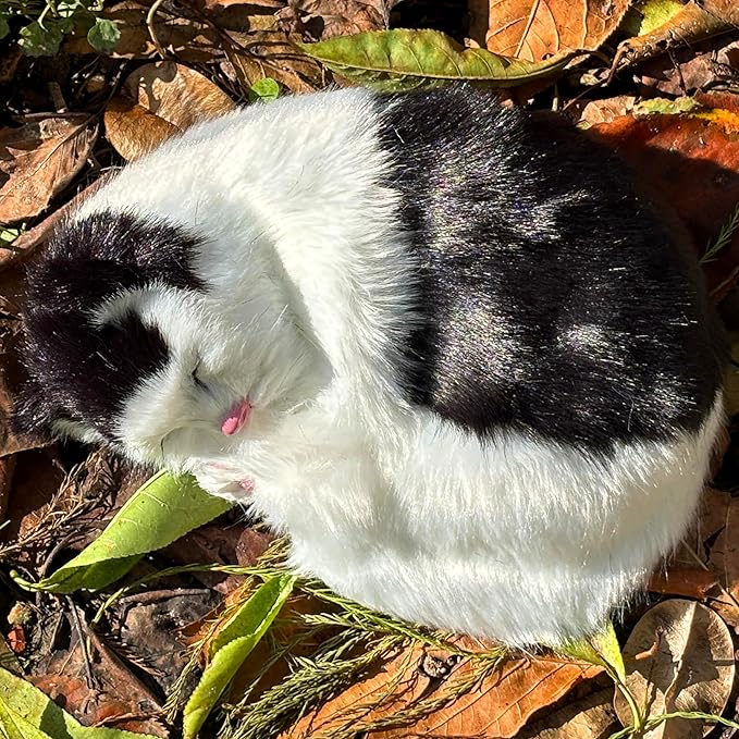 Realistic Furry Black and White Baby Cat Figurine Simulation Sleeping Kitten Home Office Shelf Decorative Statue, Pet Replica, Stuffed Animal, Photo Props
