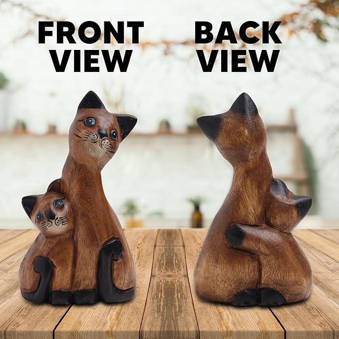 Wooden Cat Figurine Home Decor - Hand Carved Cat Gifts for Cat Lovers - Cat Statue Figure - Cat Decor for Home Office Accessories - Wood Cat Collectible Sculpture - Feline Cat Gift for Women