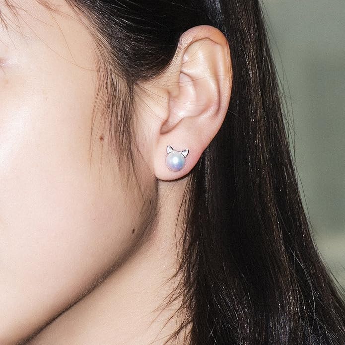 Wicary Cat Earrings Sterling Silver Pearl Earrings for Women Cat Stud Earring for Cat Lovers