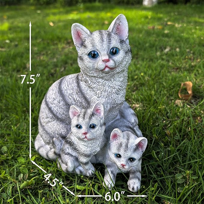 Mama Cat and Kitten Garden Statue,Outdoor Lawn Decorative Figurine Grey Cat Statue for Patio Yard,Funny Animal Flower Bed Decor Art Sculpture