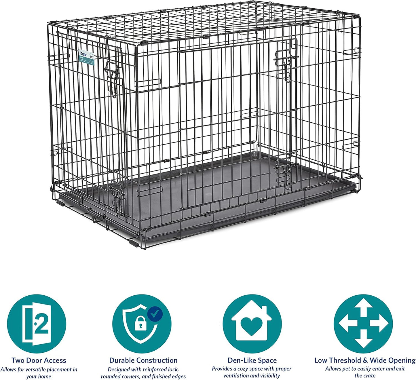 MidWest Homes for Pets 36-Inch Two-Door iCrate Folding Dog Crate with Divider Panel, Leak-Proof Tray & Secure Latches – Metal Wire Kennel for M-L Breeds – Portable, Durable & Easy to Assemble