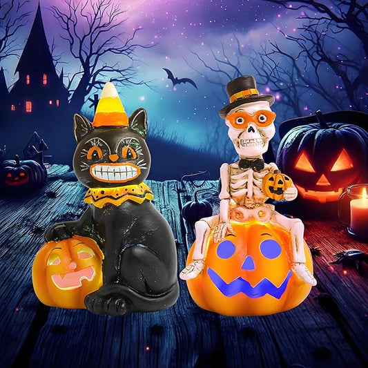 Vintage Halloween Decorations Indoor - 2-Pack 4.7'' Resin Skeleton Gentleman & Black Cat Figurine with Flickering Pumpkin Lights - Halloween Table Decor Ornaments Gifts (Jack-O’-Lantern)