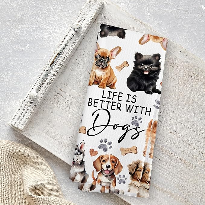 Watercolor Dog Kitchen Towels for Women Lovers, Life is Better With Dogs Decor, Mom Owner Gift Tea Hand Towels 16x24 Inch