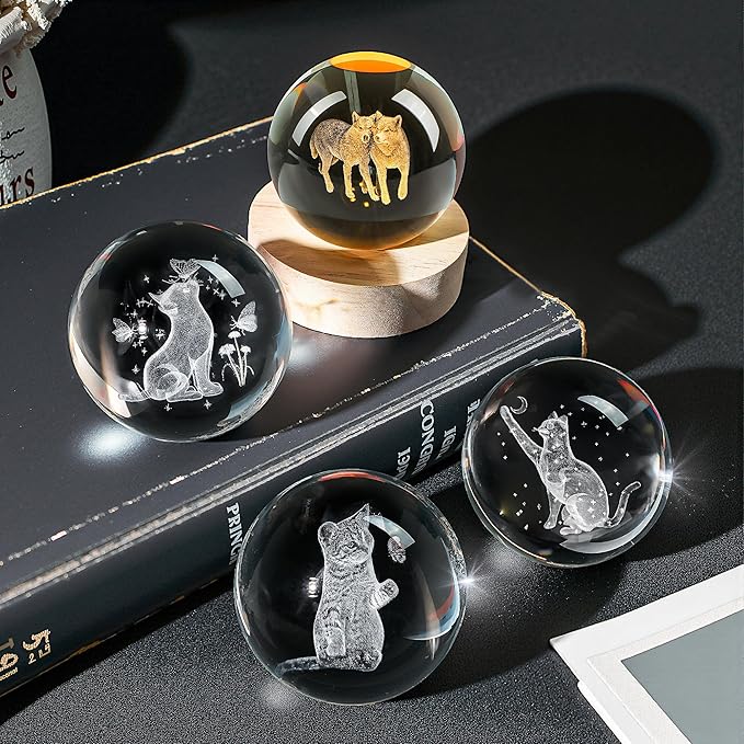 YU FENG 3D Carved Wolf Crystal Ball with Warm White Light Base 2.36 Inch