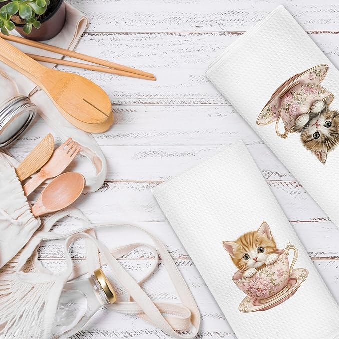Vintage Floral Cats Kitchen Dish Towels 16x24 Inch Set of 2, Cat Tea Cup Gift for Cat Lover, Cute Pet Dish Towel, Flower Decorative Hand Tea Towels for Bathroom Cooking