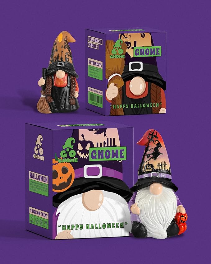 Halloween Gnomes and Witch Figurines - 2Pack Lights Up Fall Gnome Ornaments - 4.5'' Resin Indoor Halloween Decor for Women (Gnomes)