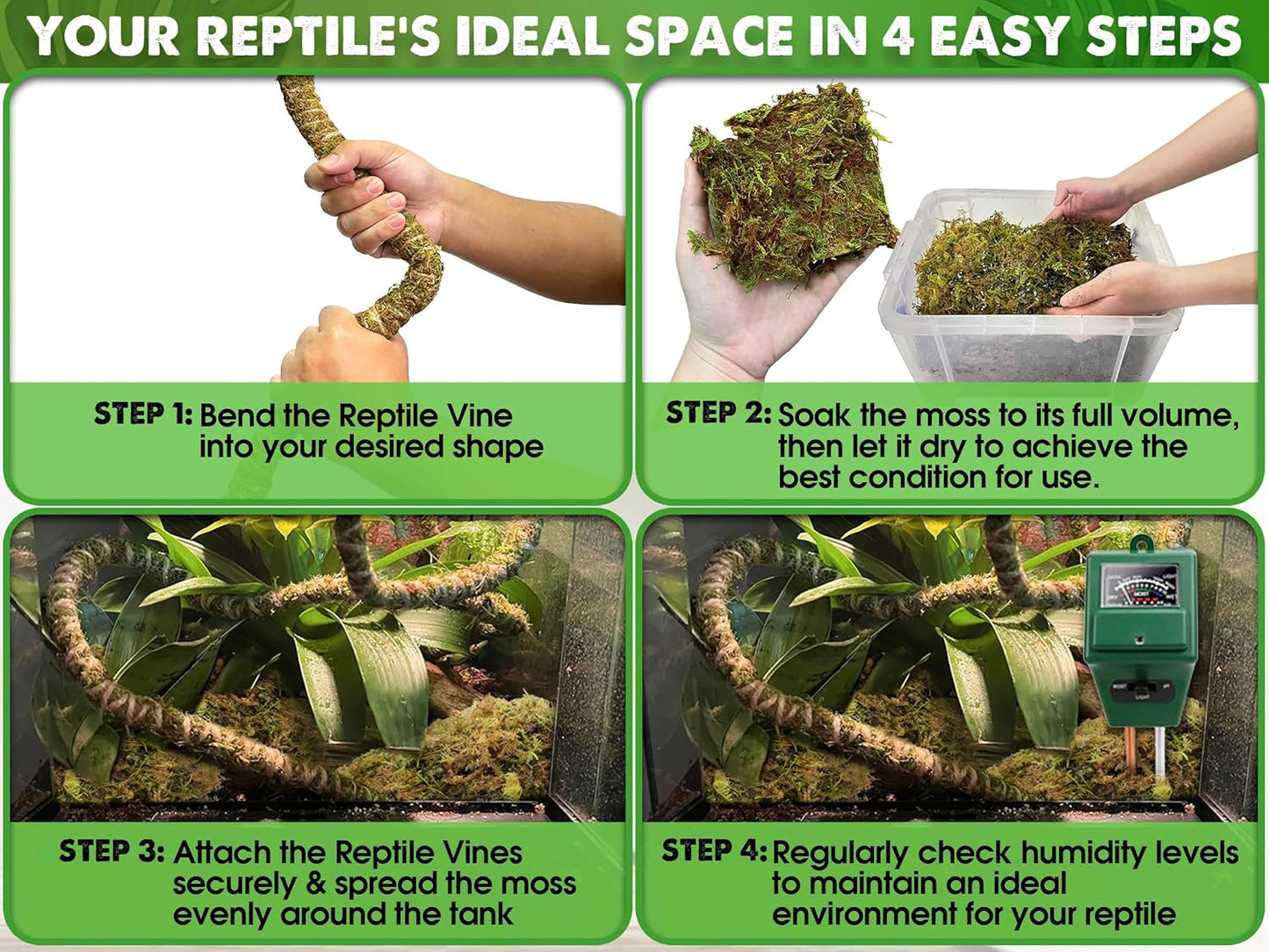 Duspro Reptile Decor Set Including 10FT Reptile Vine Climbing Bendable Branch & 04 OZ Natural Dried Forest Moss Bag Ideal for Bearded Dragon Chameleon Snake Gecko Lizard Terrarium Tank Accessories