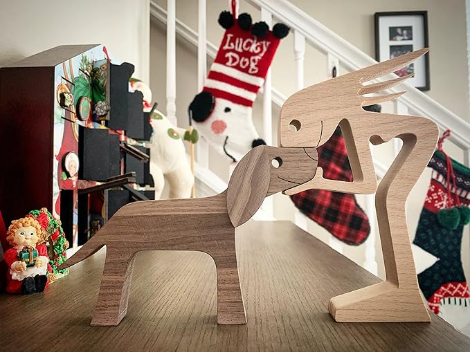 Wooden Sculptures Handmade Accents Craft Figurine for Home Decor Accents, Woman and Dog Wooden Statue, Animal Sculptures Collection, Gift for Men Women Natural ECO Friendly Large Size 10x6x0.8 inches