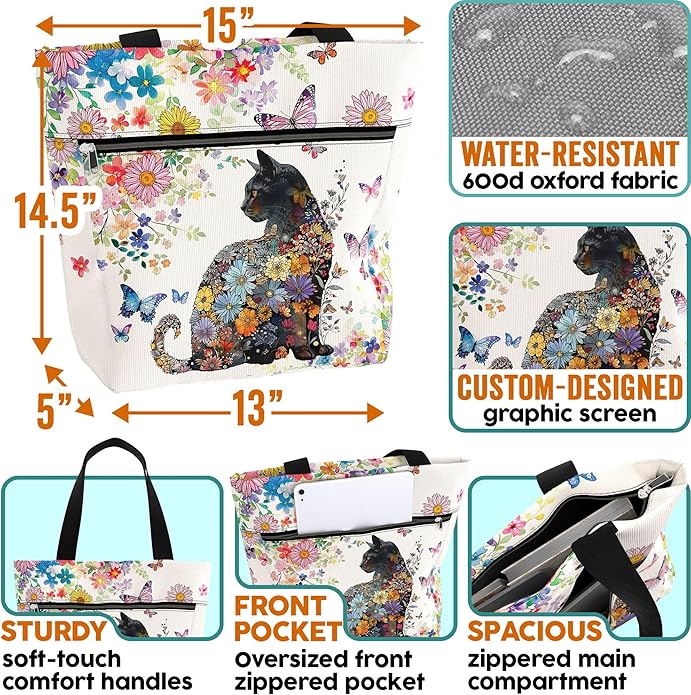 Waterproof Tote Bag with Pockets and Zipper for Work. Shoulder Bag for Women. Gift for Cat Lover Cat Owner.