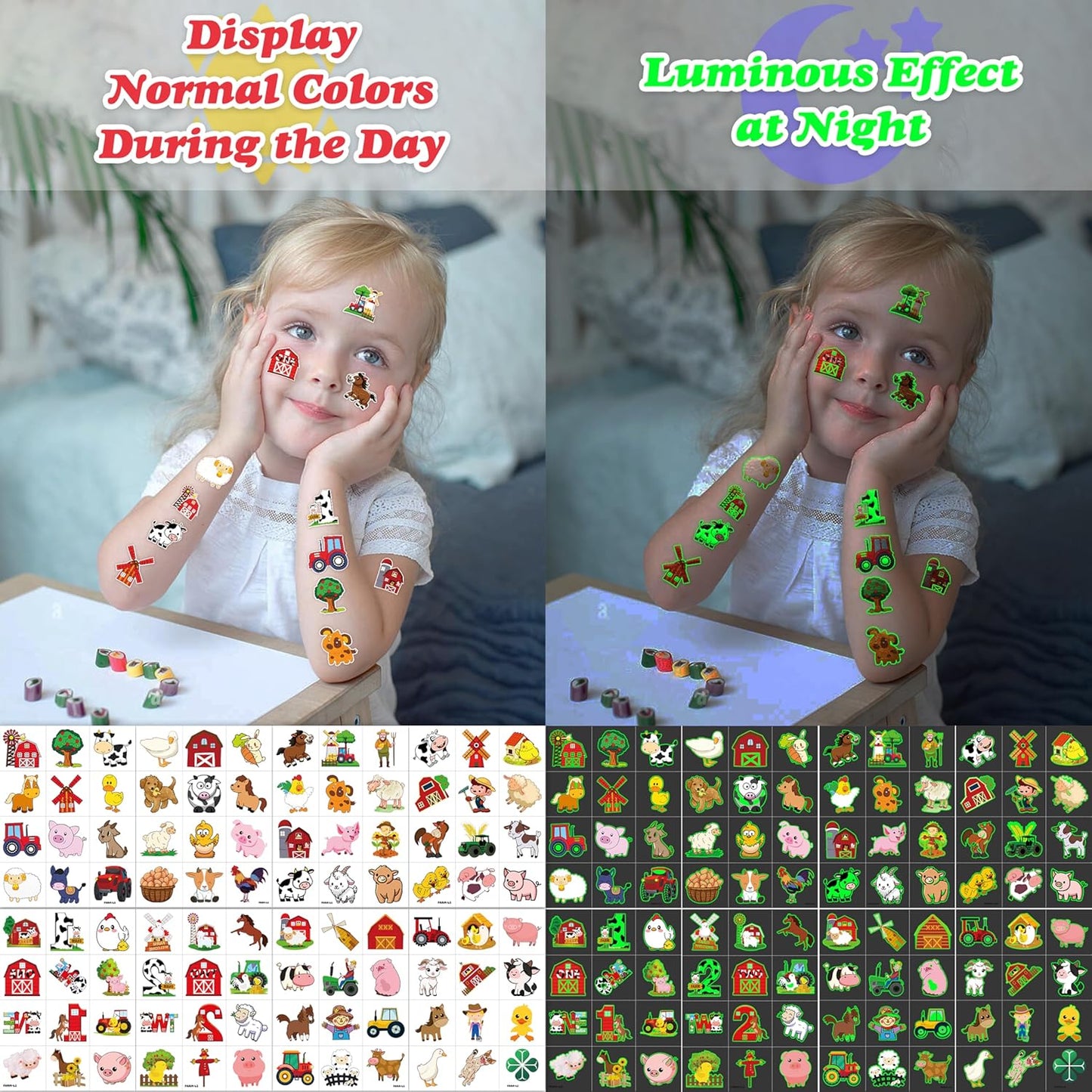 96 PCS Farm Barnyard Animal Glow In The Dark Pre-Cut Temporary Tattoos Sticker 1st First 2nd Birthday Decorations Party Favors Supplies Gift Boy Girl Farmhouse Tattoo School Reward Themed (Luminous)