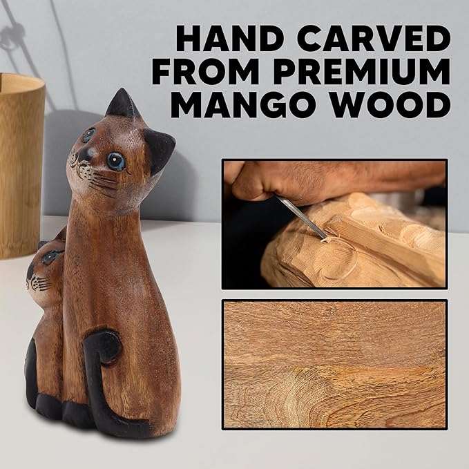 Wooden Cat Figurine Home Decor - Hand Carved Cat Gifts for Cat Lovers - Cat Statue Figure - Cat Decor for Home Office Accessories - Wood Cat Collectible Sculpture - Feline Cat Gift for Women