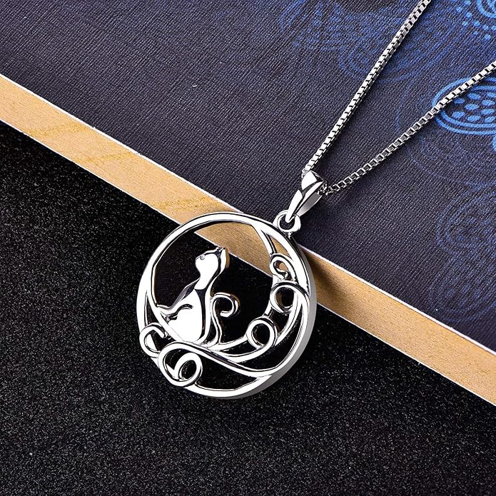 YL Women's Cat Necklace 925 Sterling Silver Heart Pendant Filigree Moon Jewelry for Girls