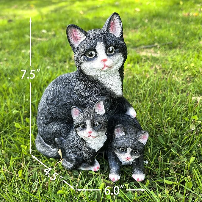 Mama Cat and Kitten Garden Statue,Outdoor Lawn Decorative Figurine Black Cat Statue for Patio Yard,Funny Animal Flower Bed Decor Art Sculpture
