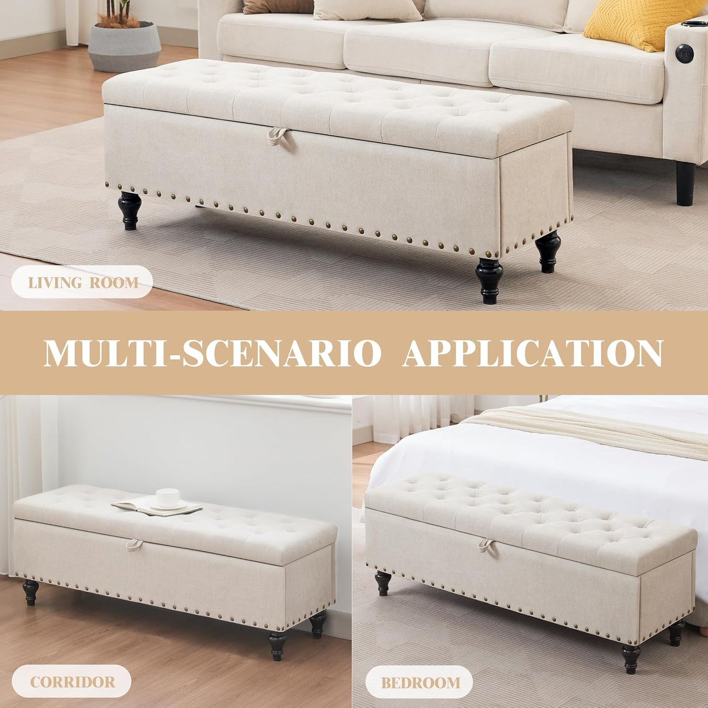 Mangodan51” Linen End of Bed Storage Bench, Tufetd Upholstered Storage Ottoman Bench with Safety Hinge, 330 lb Large Ottoman with Storages for Living Room, Entryway & Bedroom, Window Benches, Beige