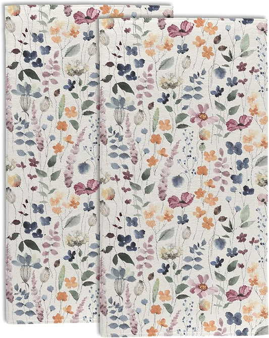Watercolor Flowers Bathroom Hand Towel Set of 2,Vintage Botanical Floral Leaves Fingertip Kitchen Hand Towel,Soft Absorbent Decorative for Hotel Gym Yoga Home Decor