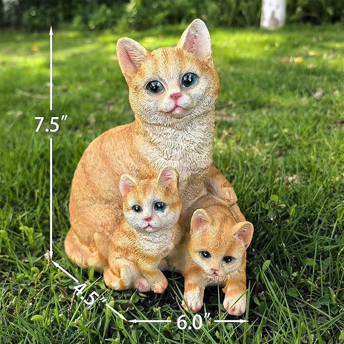 Mama Cat and Kitten Garden Statue,Outdoor Lawn Decorative Figurine Yellow Cat Statue for Patio Yard,Funny Animal Flower Bed Decor Art Sculpture