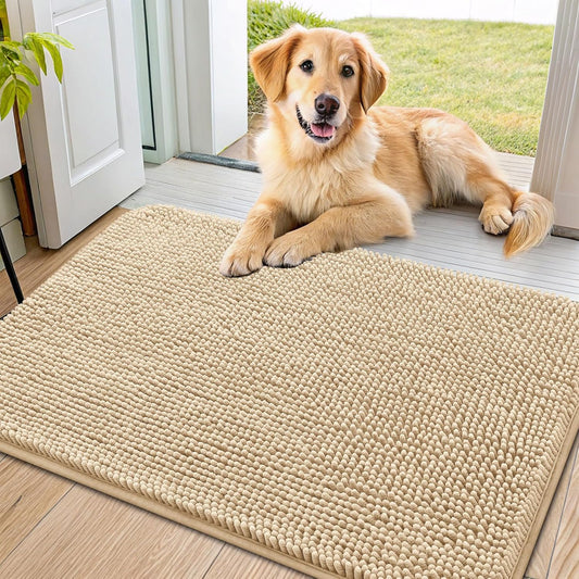Smiry Dog Door Mat for Muddy Paws 34x21, Absorbs Moisture and Dirt Doormat, Non-Slip Washable Quick Dry Chenille Front Door Mat Indoor Entrance, Entryway Carpet for Inside Floor, Beige