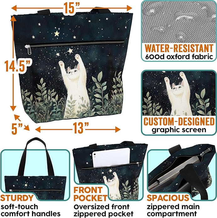 Waterproof Tote Bag with Pockets and Zipper for Work. Shoulder Bag for Women. Gift for Cat Lover Cat Owner.