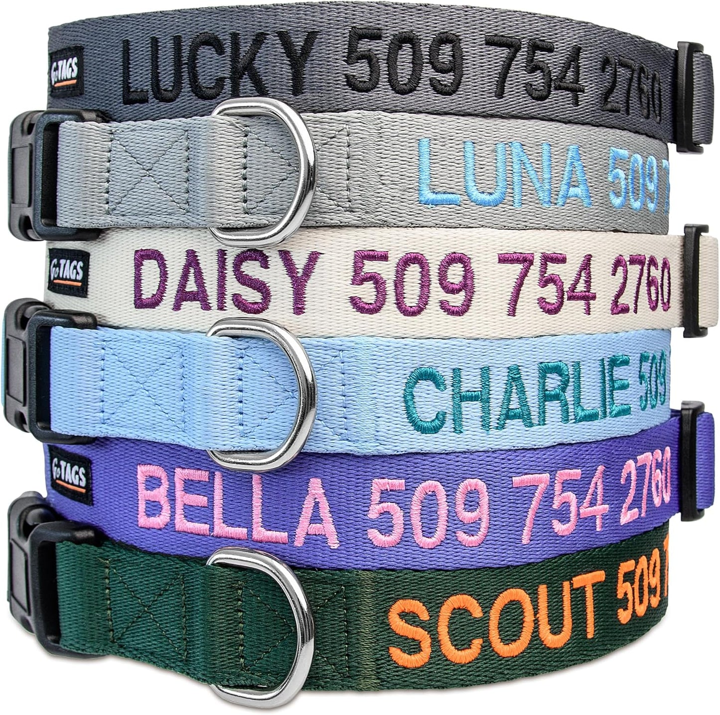 GoTags Personalized Dog Collar, Custom Embroidered with Pet Name and Phone Number in Blue, Black, Pink, Red and Orange, for Boy and Girl Dogs or Cats, Adjustable Sizes, Small, Medium, and Large