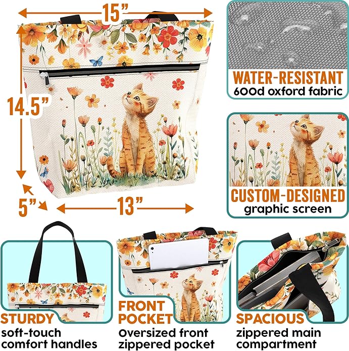 Waterproof Tote Bag with Pockets and Zipper for Work. Shoulder Bag for Women. Gift for Cat Lover Cat Owner.