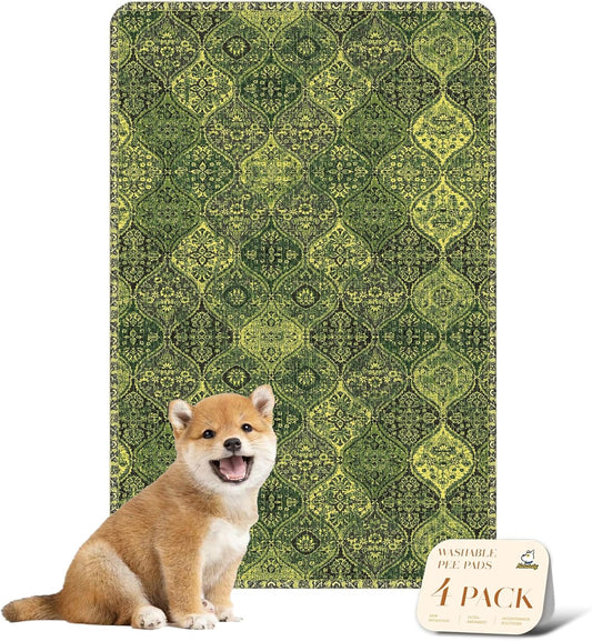 nunubaby 4PACK Washable Pee Pads for Dogs, Stylish, Non-Slip and Leak-Proof Pee Pads. Reusable Potty Pads for Dogs for Crates and Floors.(Green/Multi, 24" x36")