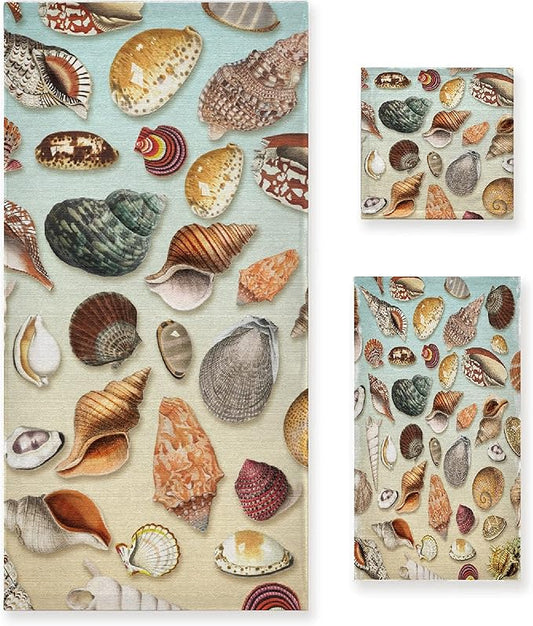Vintage Seashells 3 Piece Towel Bathroom Sets, 1 Bath Towel, 1 Washcloth, 1 Hand Towel, Cotton Fast Dry Soft Absorbent Towel Set for Home Kitchen Family