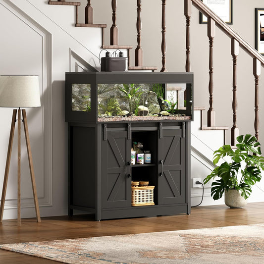 40 Gallon Reptile Terrarium with Stand, Reptile Tank with Barn Door and Storage, Vivarium with Acrylic Doors, Ventilated Mesh Top & Power Outlet, for Geckos, Lizards, Snakes Black PX06RTB