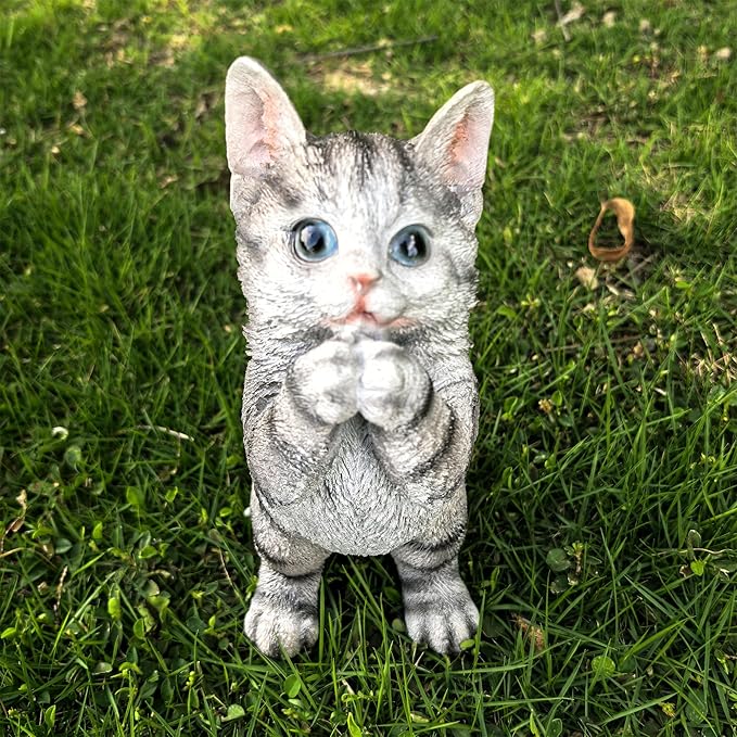 Garden Cat Statue Decorative Outdoor,Fairy Art Yard Décor Figurine for Patio Lawn, Pets Statue Ornaments Patio Lawn Flower Bed (Grey)