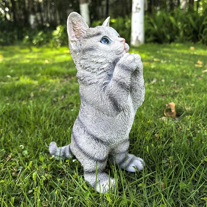 Garden Cat Statue Decorative Outdoor,Fairy Art Yard Décor Figurine for Patio Lawn, Pets Statue Ornaments Patio Lawn Flower Bed (Grey)