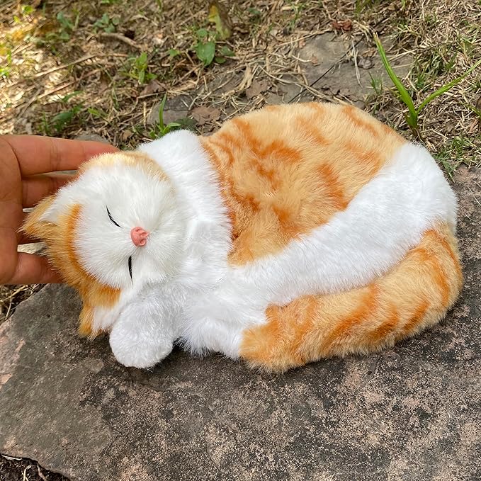 Realistic Plush Sleeping Cat Figurine Simulation Kitty Lifelike Kitten Home Office Shelf Decorative Statue, Synthetic Fur Pet Replica (Orange Tabby)