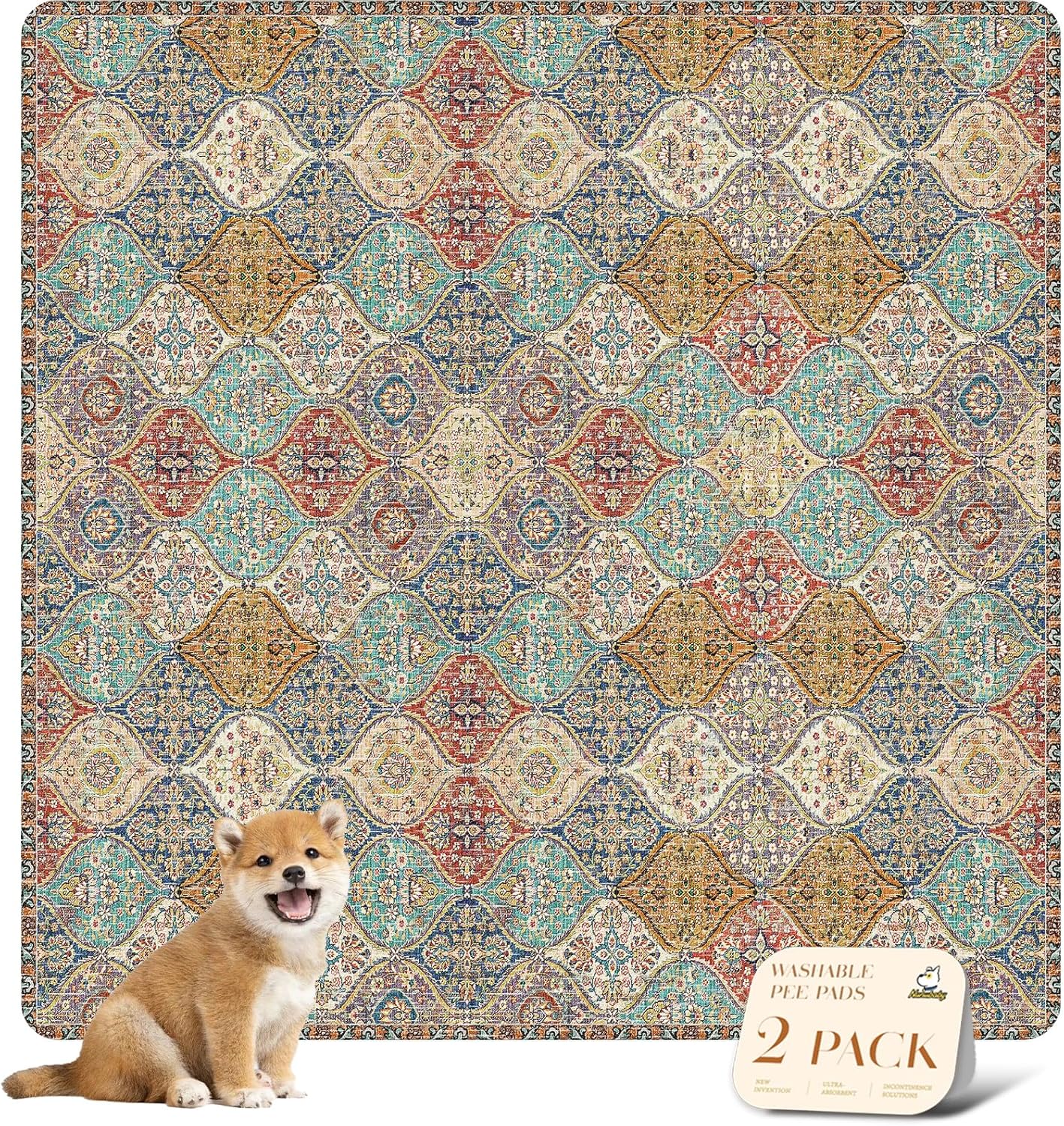 nunubaby Washable Pee Pads for Dogs, Stylish, Non-Slip and Leak-Proof Pee Pads. Reusable Potty Pads for Dogs for Crates and Floors.(Cream/Multi, 54" x54" )